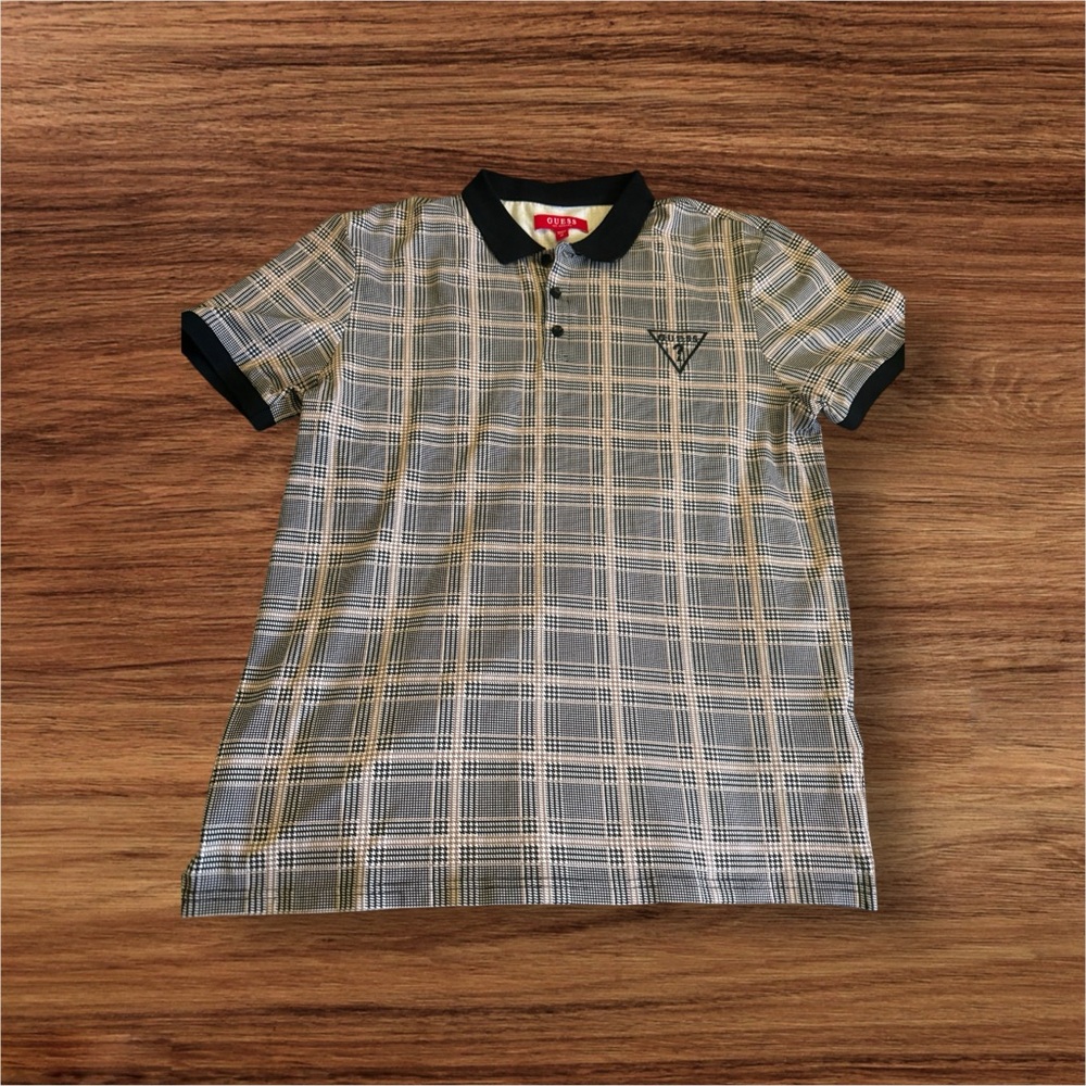 Men's Black and Gray Checkered Polo Shirt